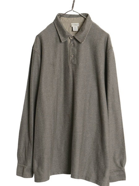 エルエルビーン 長袖 ポロシャツ メンズ XL 古着 長袖シャツ コットン ヘリンボーン 織り ストライプ ボックス カットソー 大きいサイズ