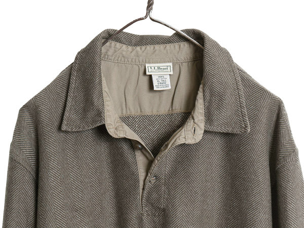 エルエルビーン 長袖 ポロシャツ メンズ XL 古着 長袖シャツ コットン ヘリンボーン 織り ストライプ ボックス カットソー 大きいサイズ