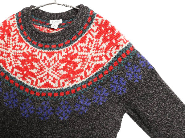 デッドストック エルエルビーン ノルディック ニット セーター レディース S アウトドア ラム ウール 丸ヨーク 求心柄 総柄 長袖ニット 灰