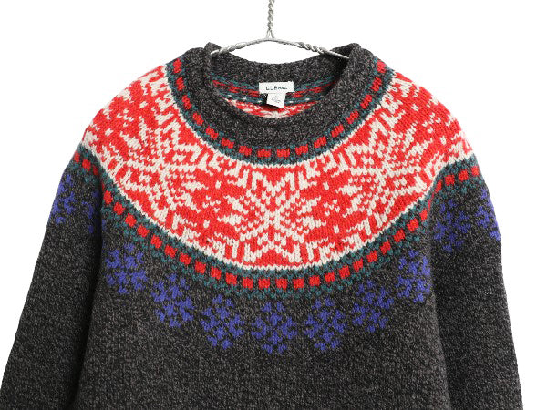 デッドストック エルエルビーン ノルディック ニット セーター レディース S アウトドア ラム ウール 丸ヨーク 求心柄 総柄 長袖ニット 灰