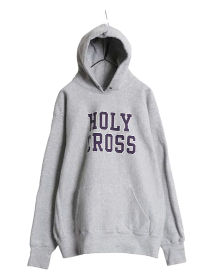 90s USA製 2段 カレッジ プリント スウェット フード パーカー メンズ  XL / オールド リバース タイプ トレーナー プルオーバー 裏起毛 灰