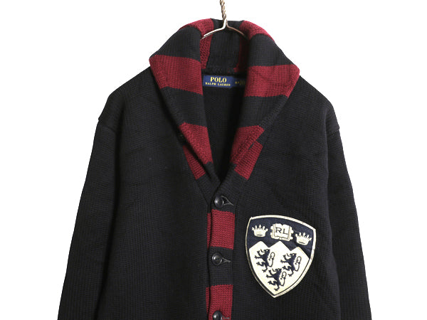ポロ ラルフローレン ショールカラー ニットカーディガン メンズ S 古着 メリノ ウール セーター 前開き フェルト ワッペン ヘビーウェイト