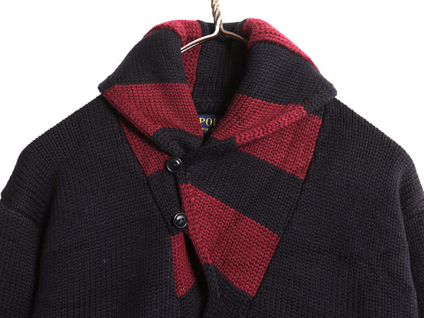 ポロ ラルフローレン ショールカラー ニットカーディガン メンズ S 古着 メリノ ウール セーター 前開き フェルト ワッペン ヘビーウェイト