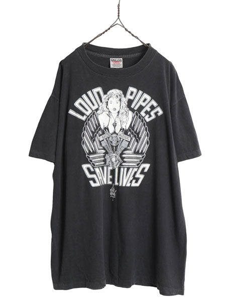 90s USA製 ★ ピンナップガール イラスト プリント Tシャツ メンズ XL 古着 オールド バイク ハーレーダビッドソン 大きいサイズ ブラック