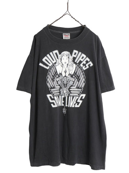 90s USA製 ★ ピンナップガール イラスト プリント Tシャツ メンズ XL 古着 オールド バイク ハーレーダビッドソン 大きいサイズ ブラック