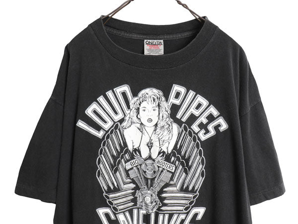 90s USA製 ★ ピンナップガール イラスト プリント Tシャツ メンズ XL 古着 オールド バイク ハーレーダビッドソン 大きいサイズ ブラック