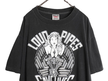 90s USA製 ★ ピンナップガール イラスト プリント Tシャツ メンズ XL 古着 オールド バイク ハーレーダビッドソン 大きいサイズ ブラック