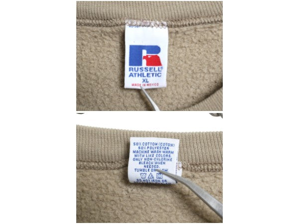 90s ラッセル 2段 ロゴ 刺繍 スウェット メンズ レディース XL 古着 オールド トレーナー 裏起毛 前V クルーネック 大きいサイズ シンプル