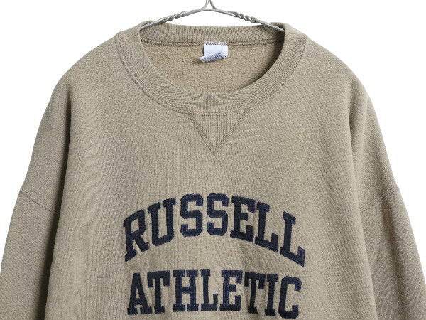 90s ラッセル 2段 ロゴ 刺繍 スウェット メンズ レディース XL 古着 オールド トレーナー 裏起毛 前V クルーネック 大きいサイズ シンプル