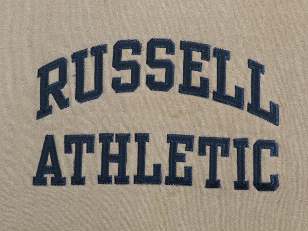 90s ラッセル 2段 ロゴ 刺繍 スウェット メンズ レディース XL 古着 オールド トレーナー 裏起毛 前V クルーネック 大きいサイズ シンプル