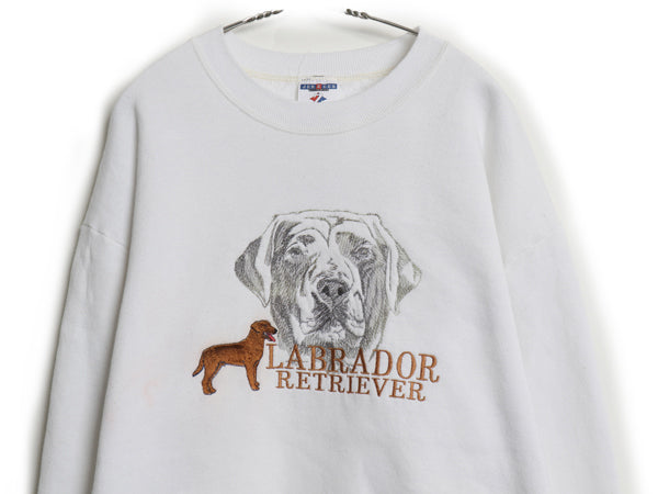 90s 00s ドッグ アート イラスト 刺繍 スウェット メンズ レディース L 程 オールド トレーナー 犬 アニマル 裏起毛 グラフィック ホワイト