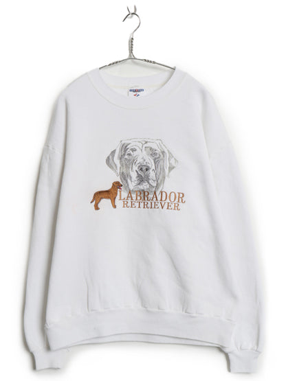 90s 00s ドッグ アート イラスト 刺繍 スウェット メンズ レディース L 程 オールド トレーナー 犬 アニマル 裏起毛 グラフィック ホワイト