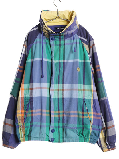 90s ノーティカ リバーシブル セーリング ジャケット メンズ XL / 古着 オールド チェック コットン フルジップ 収納 フード 大きいサイズ