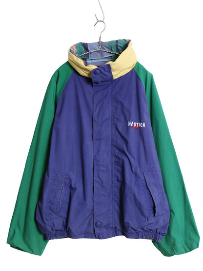 90s ノーティカ リバーシブル セーリング ジャケット メンズ XL / 古着 オールド チェック コットン フルジップ 収納 フード 大きいサイズ