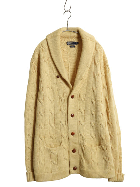 90s ポロ ラルフローレン ショールカラー ニットカーディガン メンズ M / オールド ウール ケーブル セーター 前開き ポケット付き 無地 黄