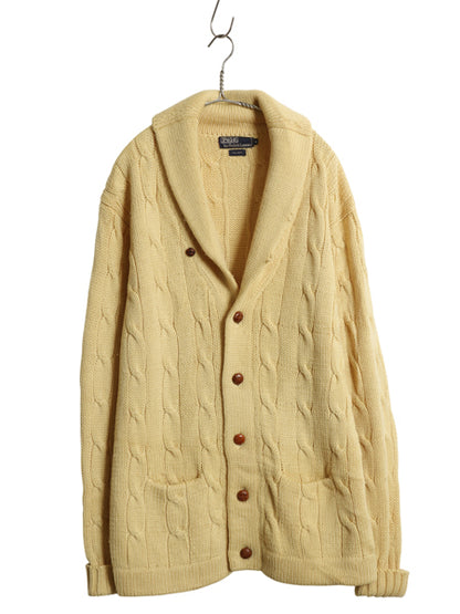 90s ポロ ラルフローレン ショールカラー ニットカーディガン メンズ M / オールド ウール ケーブル セーター 前開き ポケット付き 無地 黄