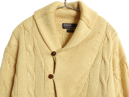 90s ポロ ラルフローレン ショールカラー ニットカーディガン メンズ M / オールド ウール ケーブル セーター 前開き ポケット付き 無地 黄