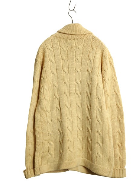 90s ポロ ラルフローレン ショールカラー ニットカーディガン メンズ M / オールド ウール ケーブル セーター 前開き ポケット付き 無地 黄