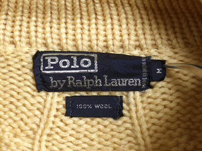 90s ポロ ラルフローレン ショールカラー ニットカーディガン メンズ M / オールド ウール ケーブル セーター 前開き ポケット付き 無地 黄