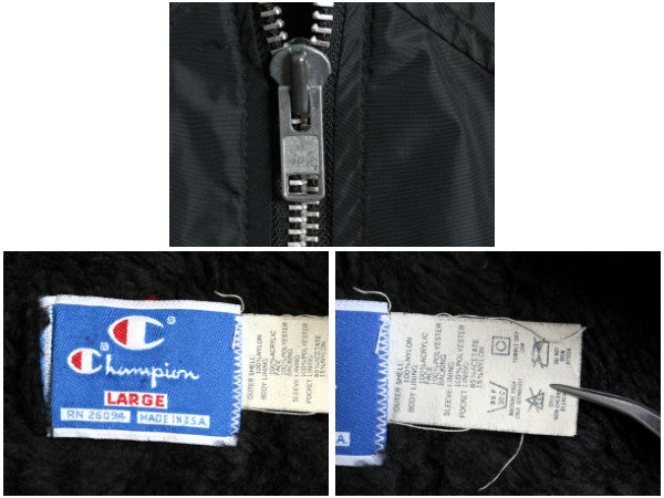 80s USA製 チャンピオン カレッジ プリント ナイロン ジャケット メンズ L ヴィンテージ ハーフ コート ボア フリース ライナー 目付き 黒