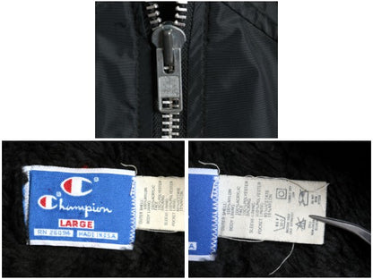 80s USA製 チャンピオン カレッジ プリント ナイロン ジャケット メンズ L ヴィンテージ ハーフ コート ボア フリース ライナー 目付き 黒