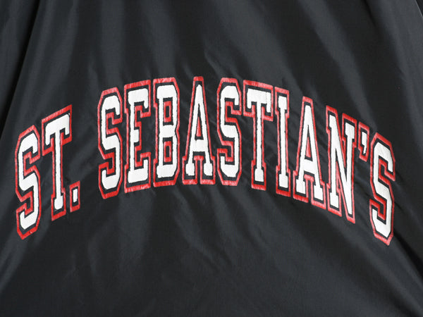 80s USA製 チャンピオン カレッジ プリント ナイロン ジャケット メンズ L ヴィンテージ ハーフ コート ボア フリース ライナー 目付き 黒