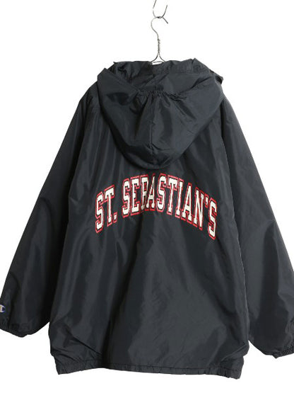 80s USA製 チャンピオン カレッジ プリント ナイロン ジャケット メンズ L ヴィンテージ ハーフ コート ボア フリース ライナー 目付き 黒