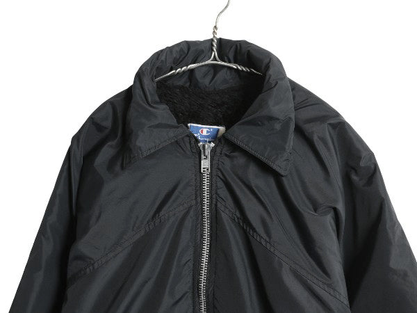 80s USA製 チャンピオン カレッジ プリント ナイロン ジャケット メンズ L ヴィンテージ ハーフ コート ボア フリース ライナー 目付き 黒