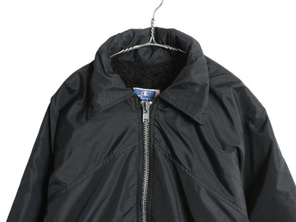 80s USA製 チャンピオン カレッジ プリント ナイロン ジャケット メンズ L ヴィンテージ ハーフ コート ボア フリース ライナー 目付き 黒