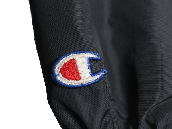 80s USA製 チャンピオン カレッジ プリント ナイロン ジャケット メンズ L ヴィンテージ ハーフ コート ボア フリース ライナー 目付き 黒