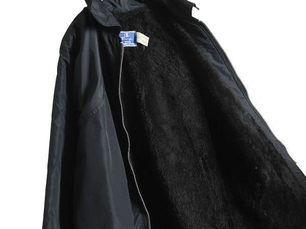 80s USA製 チャンピオン カレッジ プリント ナイロン ジャケット メンズ L ヴィンテージ ハーフ コート ボア フリース ライナー 目付き 黒