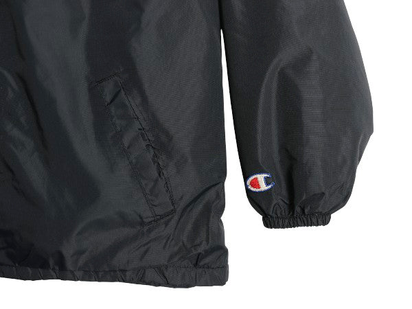 80s USA製 チャンピオン カレッジ プリント ナイロン ジャケット メンズ L ヴィンテージ ハーフ コート ボア フリース ライナー 目付き 黒