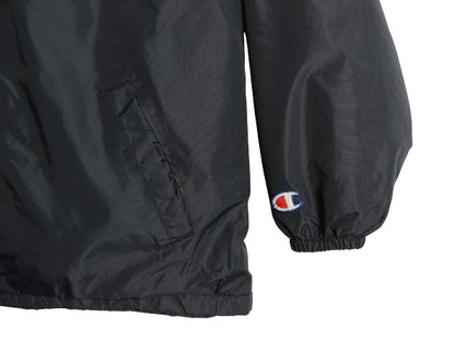 80s USA製 チャンピオン カレッジ プリント ナイロン ジャケット メンズ L ヴィンテージ ハーフ コート ボア フリース ライナー 目付き 黒