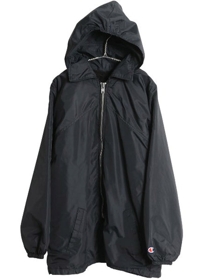 80s USA製 チャンピオン カレッジ プリント ナイロン ジャケット メンズ L ヴィンテージ ハーフ コート ボア フリース ライナー 目付き 黒