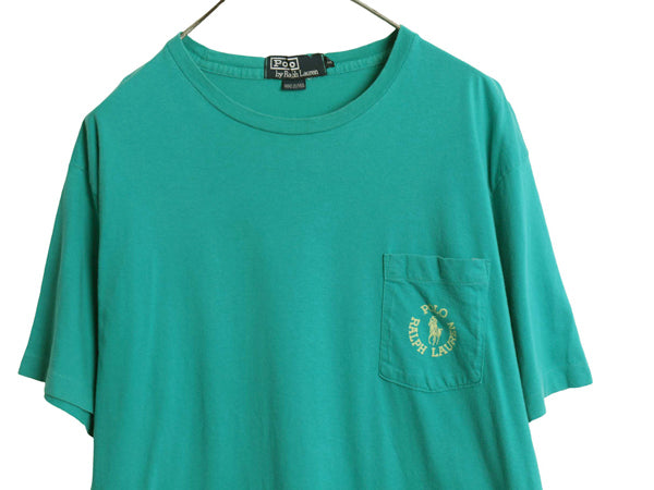 90s USA製 ポロ ラルフローレン ポケット付き 半袖 Tシャツ メンズ M / オールド シングルステッチ ワンポイント ロゴ プリント ターコイズ