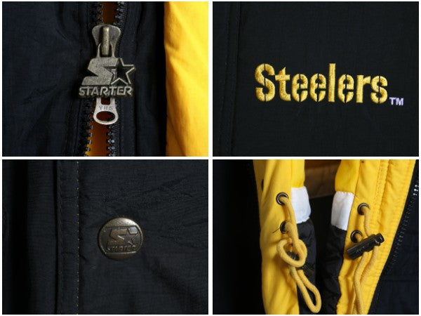 90s スターター スティーラーズ 中綿 ナイロン ベンチ コート メンズ L オールド NFL アメフト オフィシャル ジャケット スタジャン 黒