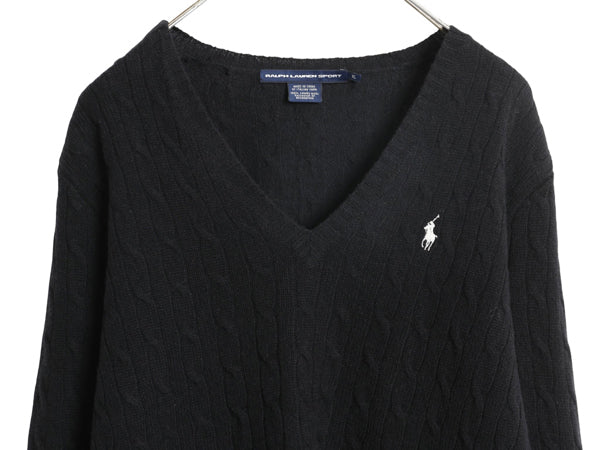ラルフローレン Vネック ケーブル ニット セーター レディース XL ポロ ラム ウール 長袖ニット シンプル きれいめ 大きいサイズ ブラック