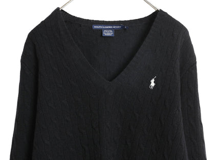 ラルフローレン Vネック ケーブル ニット セーター レディース XL ポロ ラム ウール 長袖ニット シンプル きれいめ 大きいサイズ ブラック