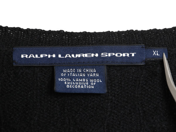 ラルフローレン Vネック ケーブル ニット セーター レディース XL ポロ ラム ウール 長袖ニット シンプル きれいめ 大きいサイズ ブラック