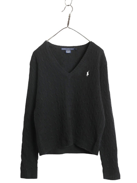 ラルフローレン Vネック ケーブル ニット セーター レディース XL ポロ ラム ウール 長袖ニット シンプル きれいめ 大きいサイズ ブラック