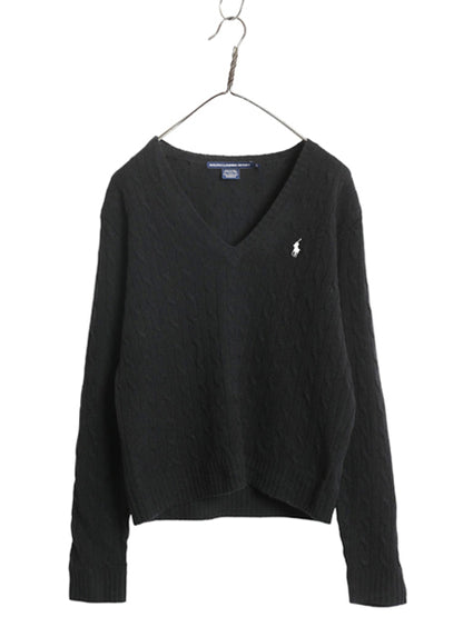 ラルフローレン Vネック ケーブル ニット セーター レディース XL ポロ ラム ウール 長袖ニット シンプル きれいめ 大きいサイズ ブラック