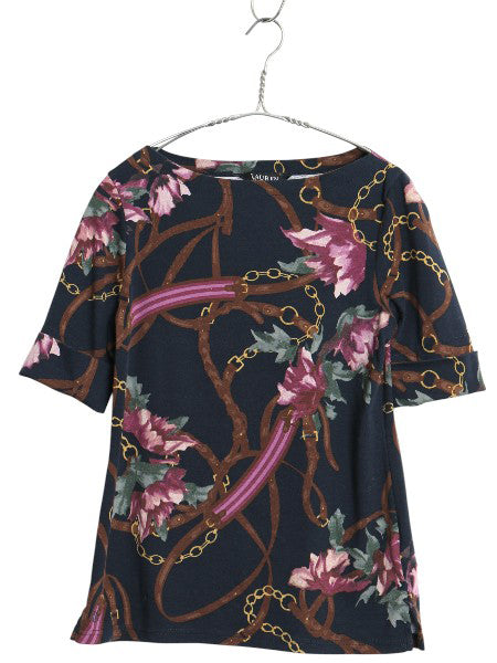ブラックレーベル ローレン ラルフローレン 総柄 半袖 Tシャツ レディース M / ストレッチ コットン スムース ボートネック カットソー 黒