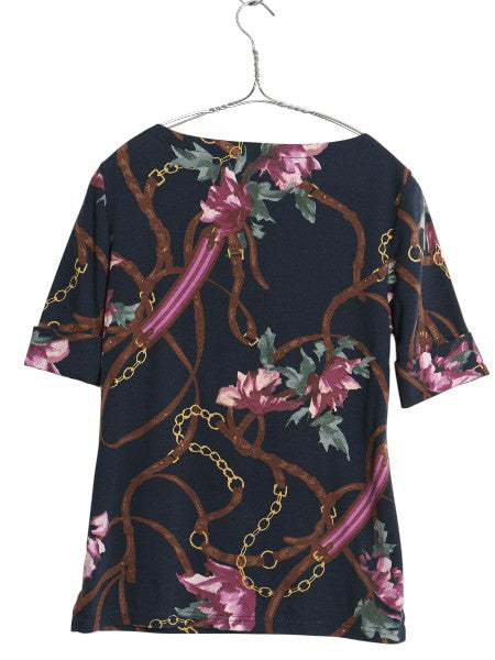 ブラックレーベル ローレン ラルフローレン 総柄 半袖 Tシャツ レディース M / ストレッチ コットン スムース ボートネック カットソー 黒