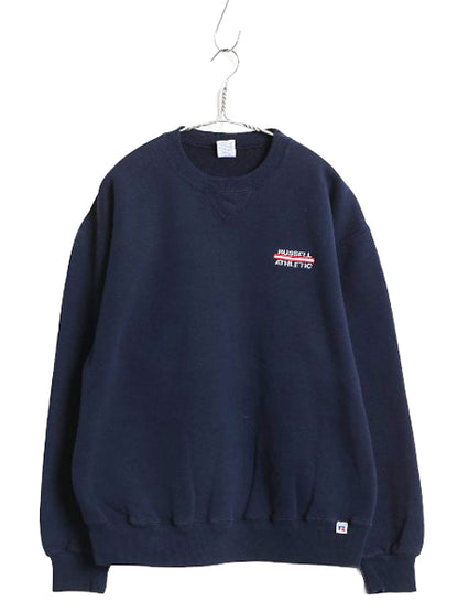 90s ラッセル ワンポイント ロゴ 刺繍 スウェット メンズ レディース L / オールド トレーナー 前V 裏起毛 クルーネック シンプル ネイビー