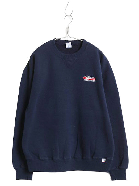 90s ラッセル ワンポイント ロゴ 刺繍 スウェット メンズ レディース L / オールド トレーナー 前V 裏起毛 クルーネック シンプル ネイビー