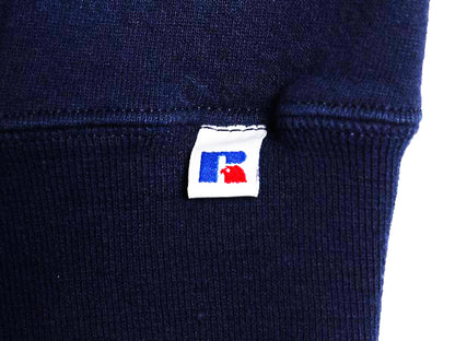 90s ラッセル ワンポイント ロゴ 刺繍 スウェット メンズ レディース L / オールド トレーナー 前V 裏起毛 クルーネック シンプル ネイビー
