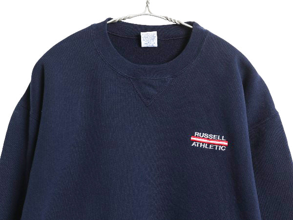90s ラッセル ワンポイント ロゴ 刺繍 スウェット メンズ レディース L / オールド トレーナー 前V 裏起毛 クルーネック シンプル ネイビー