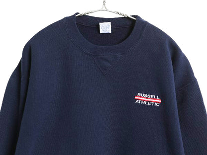 90s ラッセル ワンポイント ロゴ 刺繍 スウェット メンズ レディース L / オールド トレーナー 前V 裏起毛 クルーネック シンプル ネイビー