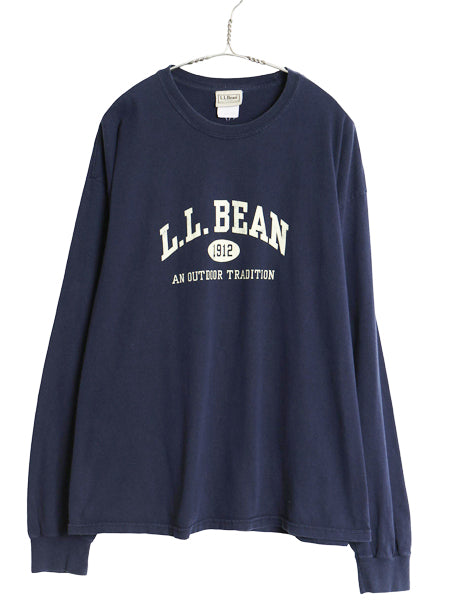 00s エルエルビーン 3段 ロゴ プリント 長袖 Tシャツ XL 古着 オールド ロンT ヘビーウェイト コットン カットソー ネイビー 大きいサイズ