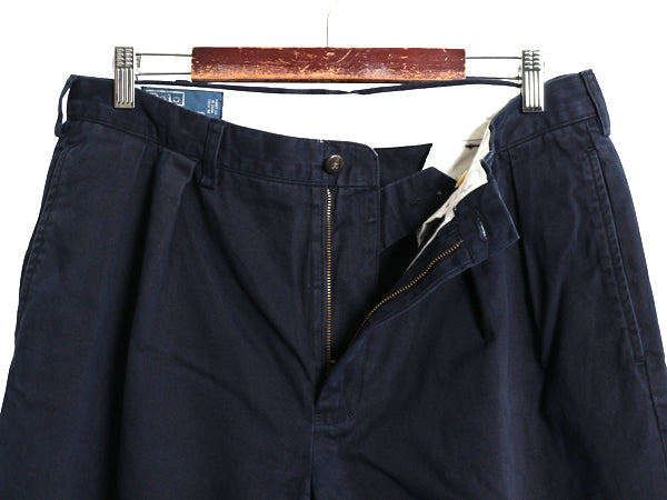 90s ポロ ラルフローレン コットン チノ パンツ メンズ 実寸 34 25 / オールド スラックス チノパン ストレート ツータック クロップド 紺